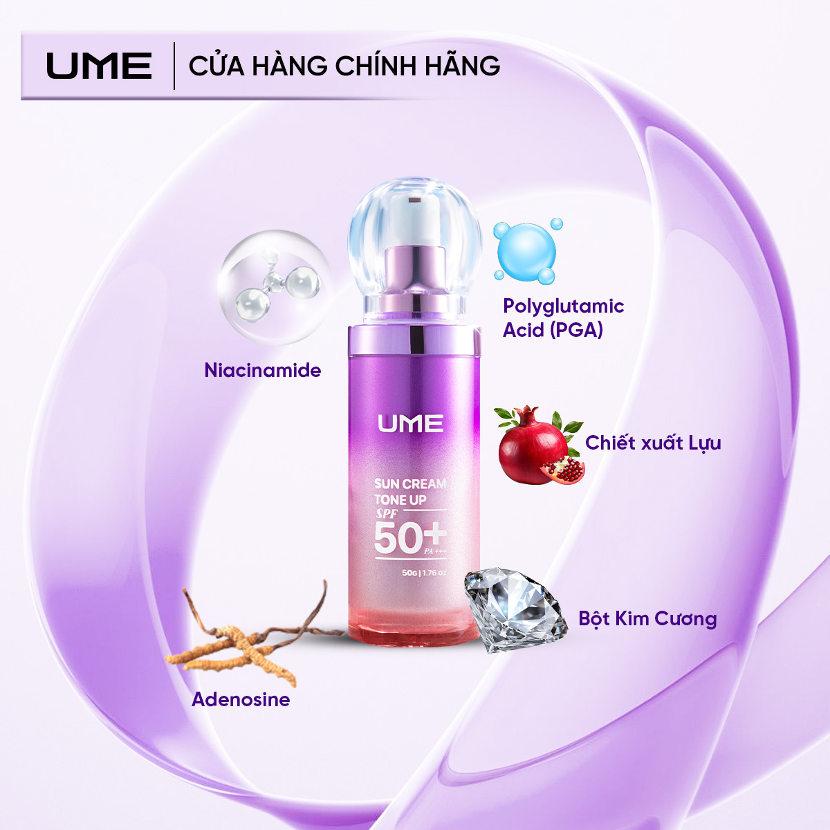 Thành phần: Niacinamide, Adenosine, Polyglutamic Acid, Chiết xuất Lựu, Bột Kim Cương